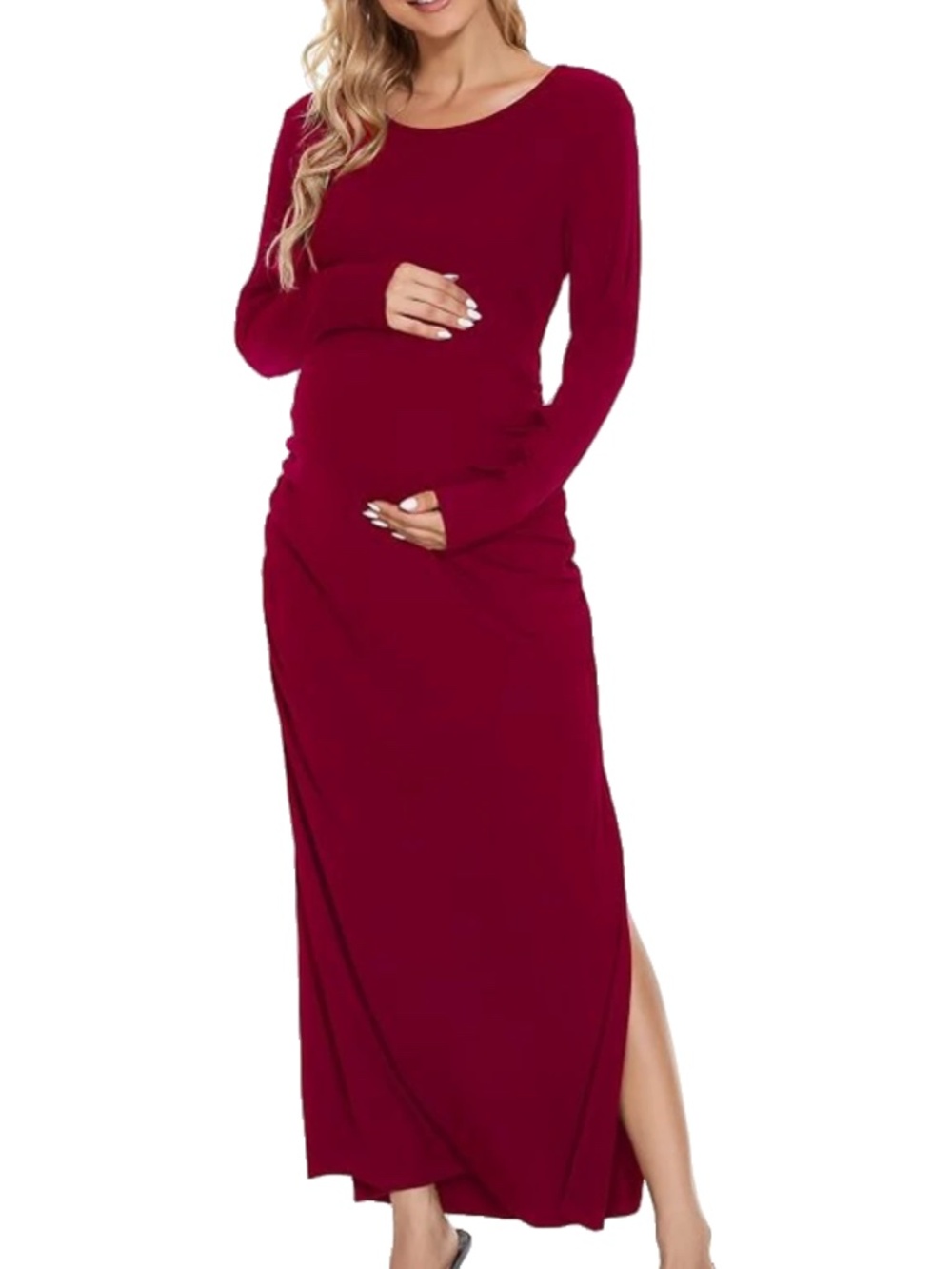 NWT Smallshow Women's Ruched Long Sleeve Split Maternity Maxi Dress Size L